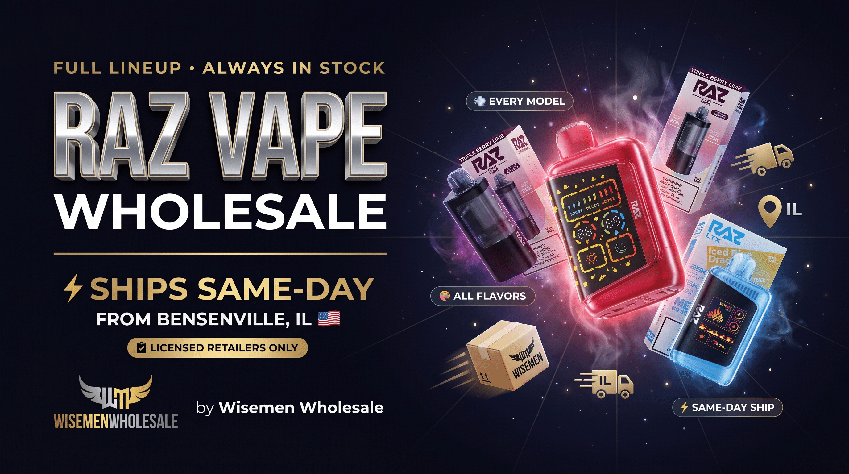 Raz Vape wholesale lineup including TN9000, LTX 25000, RYL Classic 35K, VUE 50K, and RX50K Dew Edition